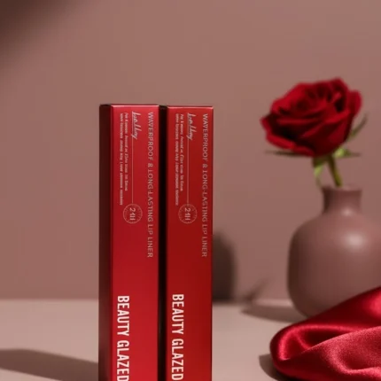 Two boxes of Beauty Glazed Waterproof Long-Lasting Lip Liner in red packaging, set next to a red rose.