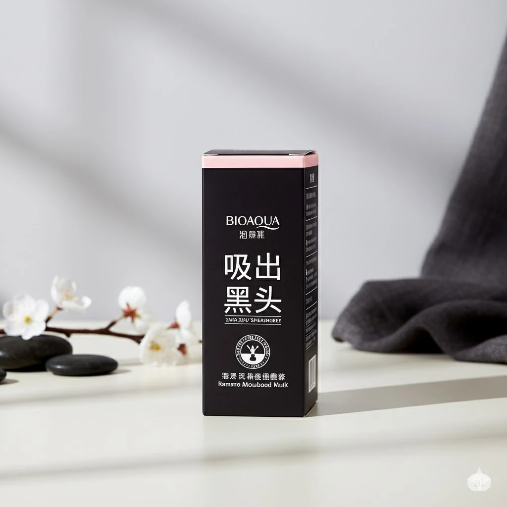 Black and pink box of BIOAQUA Activated Carbon Blackhead Mask, styled with spa stones, white cherry blossoms, and dark grey fabric on a bright surface.