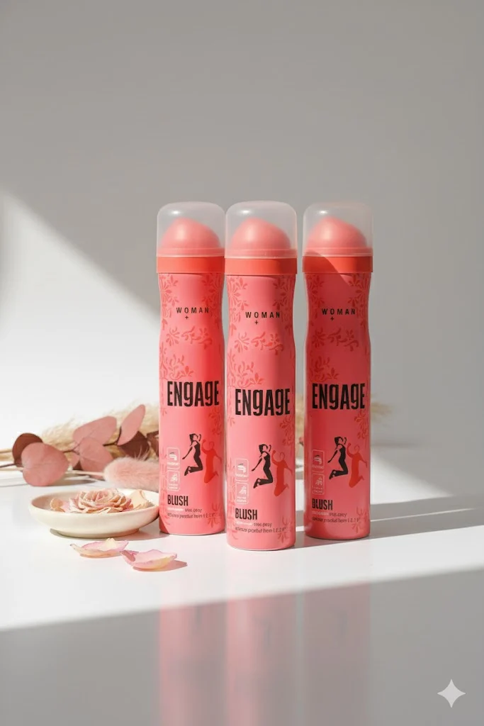 Three bottles of Engage Blush Woman Deodorant Spray lined up on a white table, surrounded by soft pink dried botanicals, emphasizing volume.