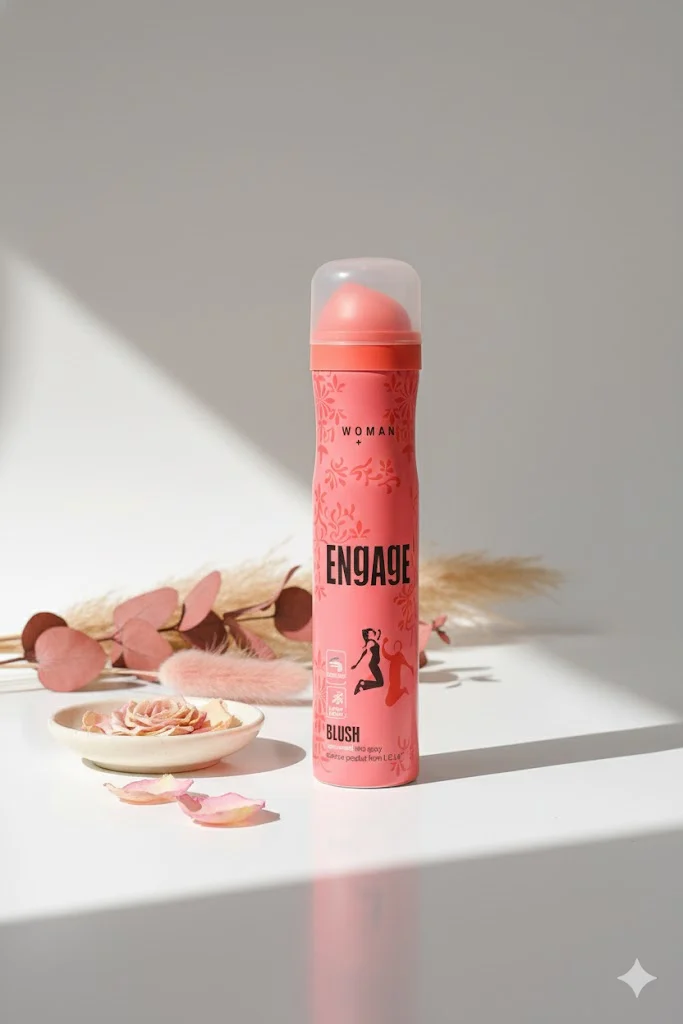 Engage Blush Woman Deodorant Spray. Pink and coral can on a bright, minimal white surface with soft floral and shadow accents.