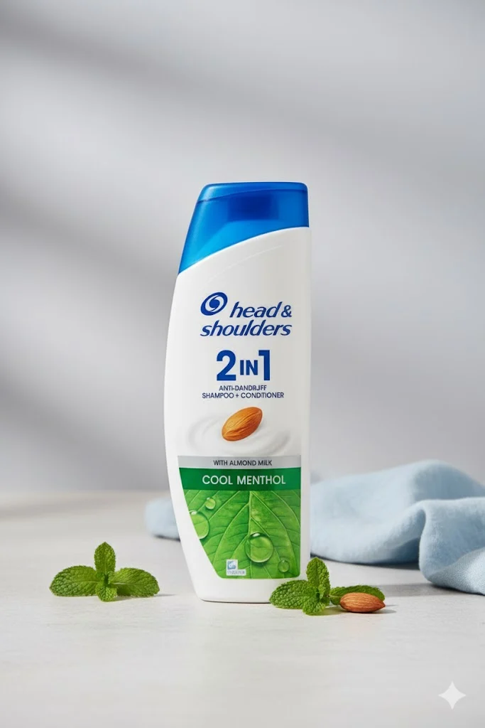 Head & Shoulders 2-in-1 Anti-Dandruff Shampoo + Conditioner with Cool Menthol and Almond Milk.