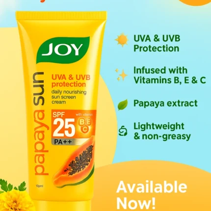 JOY Papaya Sunscreen SPF 25 PA++ daily nourishing cream in a yellow tube with Papaya extract and UVA/UVB protection