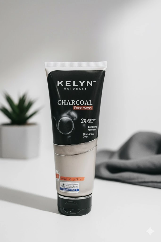 KELYN Naturals Charcoal Face Wash for deep pore cleansing and detox.