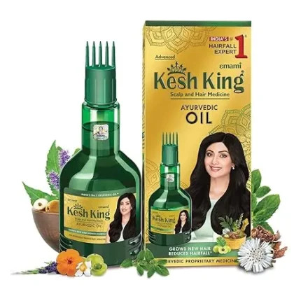 Kesh King Advanced Ayurvedic Oil packaging and bottle with a deep root comb applicator, featuring a woman with dark hair and surrounding herbs like Bhringraj and Amla.