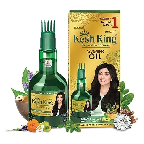 Kesh King Advanced Ayurvedic Oil packaging and bottle with a deep root comb applicator, featuring a woman with dark hair and surrounding herbs like Bhringraj and Amla.