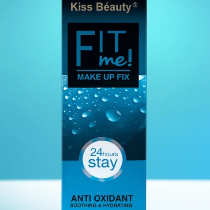 Kiss Beauty Fit Me Make Up Fix setting spray box, featuring black and blue packaging, promises 24-hour stay, antioxidant properties, and long-lasting hold with water droplet graphics.