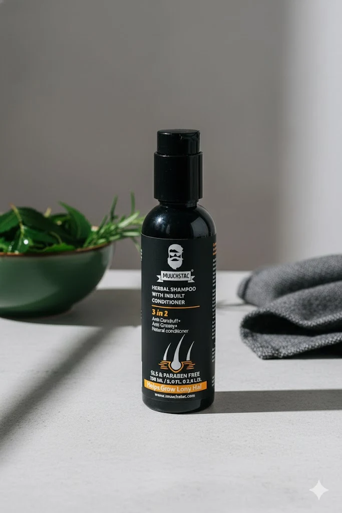MUUCHSTAC Herbal Shampoo with Inbuilt Conditioner - 3 in 1 Anti Dandruff and Anti Greasy formula for men.
