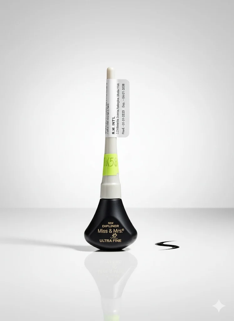 Miss & Mrs. Ultra Fine Dip Liner in a black teardrop-shaped bottle with a white cap and applicator. A small black eyeliner swatch is next to it on a white surface.