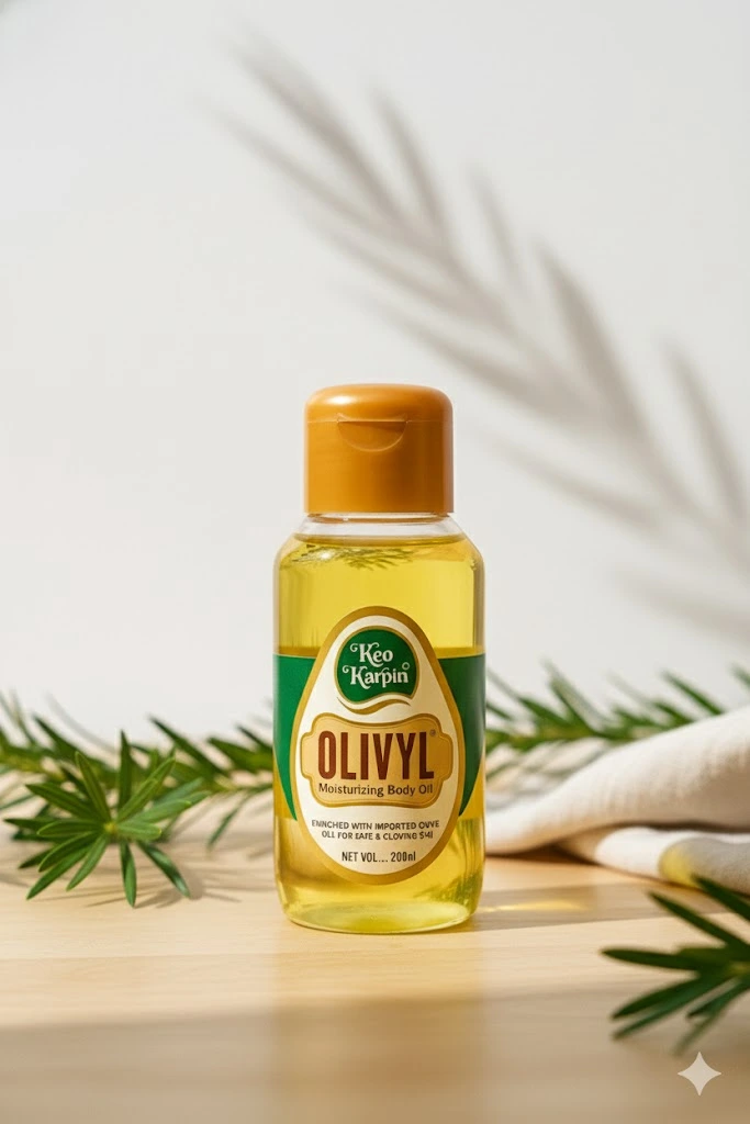 Keo Karpin OLIVYL Moisturizing Body Oil in a 200ml clear bottle with a green and yellow label, sitting on a wooden surface with green foliage and soft shadows.