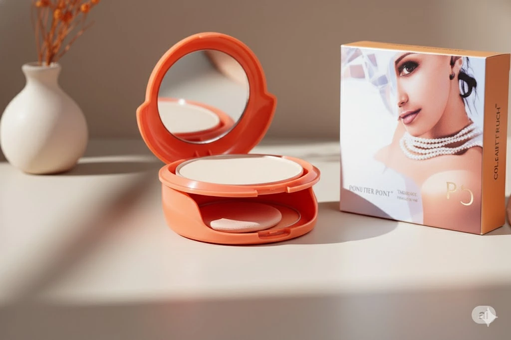 Vibrant orange compact BB Face Powder with mirror and sponge