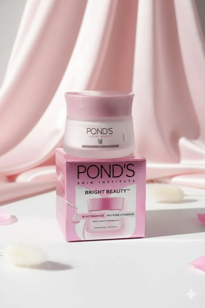 Pond's Bright Beauty Face Cream jar (white lid, pink base) on a clean, minimal background with pink floral props and strong natural shadows.