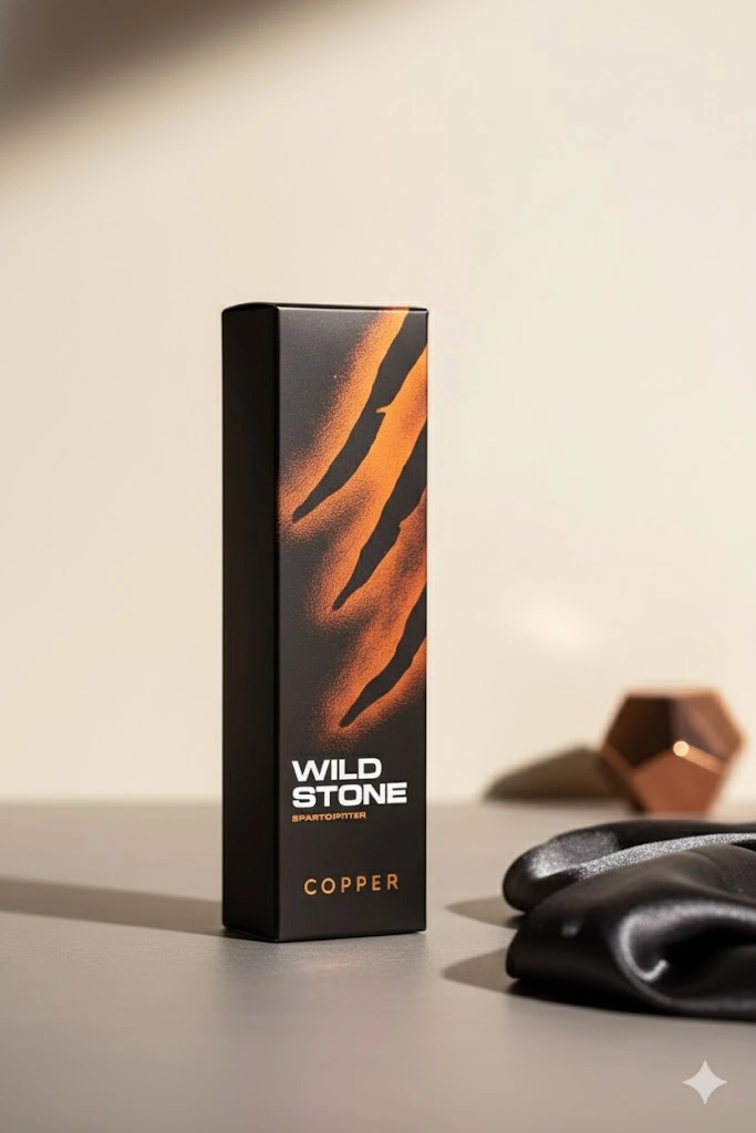 Wild Stone Copper Perfume bottle box, black and orange claw-mark design, intense men's fragrance.