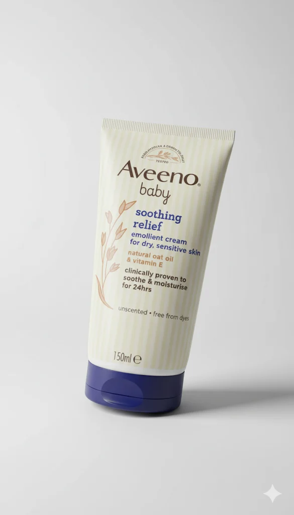 A tube of Aveeno Baby Soothing Relief Emollient Cream with a light blue cap, designed for dry, sensitive skin. The packaging features the Aveeno logo and text describing the cream's benefits, which include 24-hour moisturization and soothing properties with natural colloidal oatmeal.