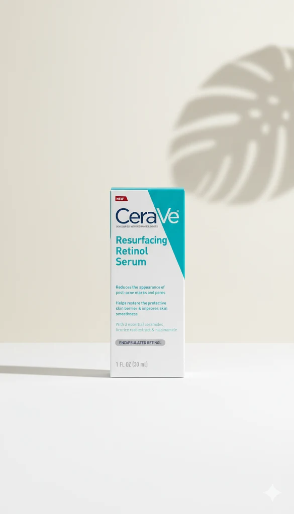 A professional, high-quality product photo of the CeraVe Resurfacing Retinol Serum box standing upright on a clean, light-colored surface with a soft, minimalist background and a subtle shadow of a leaf.