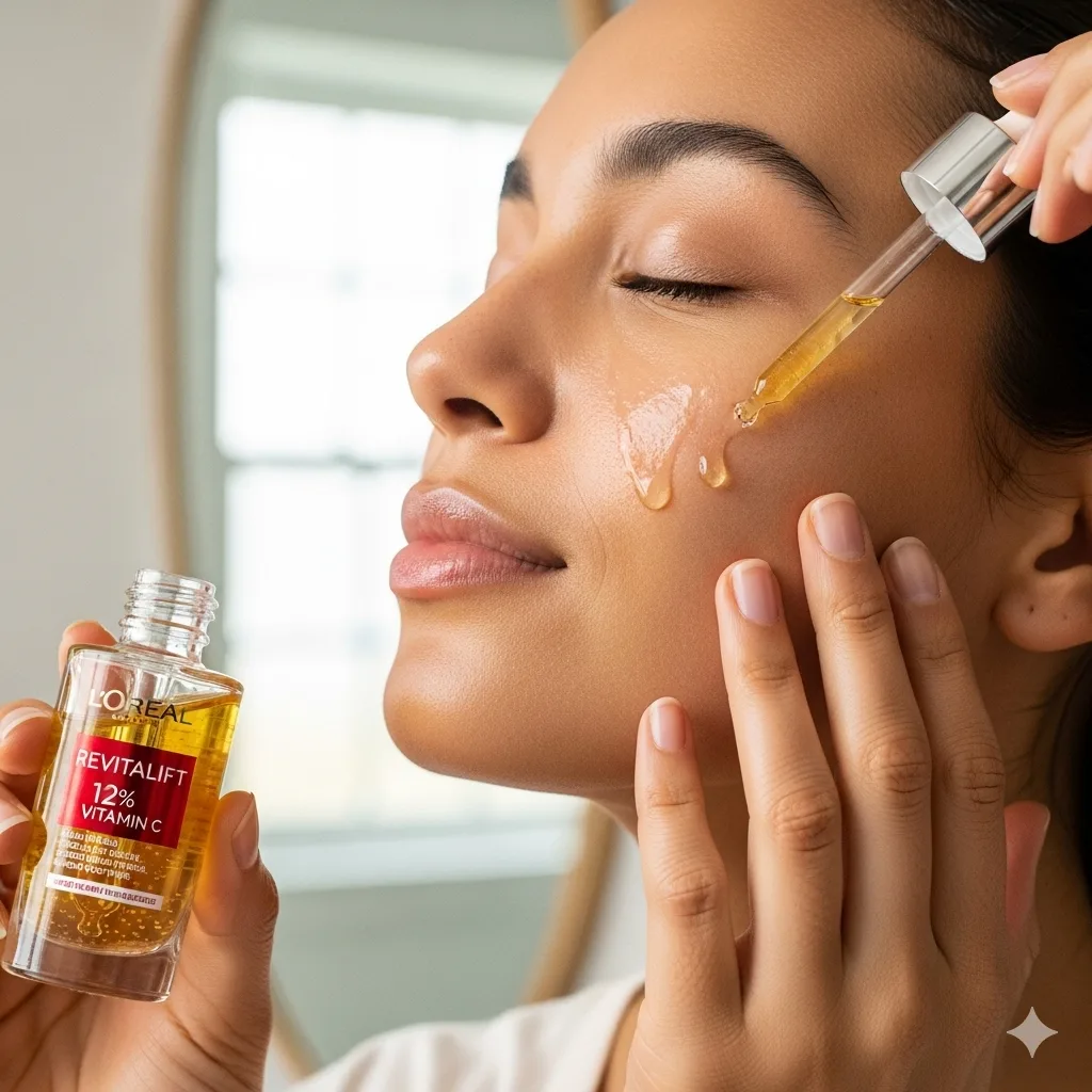 A high-quality lifestyle product photo of a woman with her eyes closed, applying a few drops of L'Oréal Revitalift 12% Vitamin C serum to her cheek with a glass dropper. Her other hand is resting gently on her jawline. The serum is a translucent golden liquid, visibly glistening on her skin. In the foreground, the product bottle is in focus, clearly showing the L'Oréal and Revitalift branding. The background is a soft-focus, brightly lit bathroom setting with a mirror.