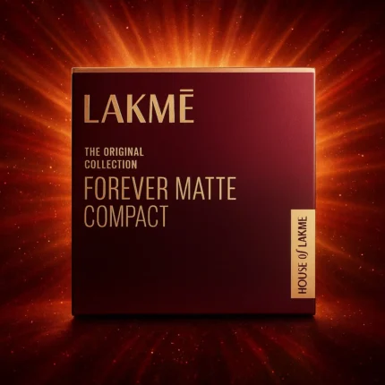 Deep maroon color-er ekta square Lakmé makeup compact, gold lettering-e লেখা “LAKMÉ – The Original Collection – Forever Matte Compact”, পেছনে glowing red background আর চারদিকে radiant light rays দেখা যাচ্ছে।