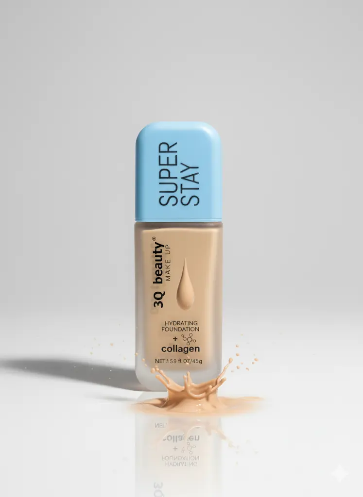 3Q Beauty Make Up Super Stay Hydrating Foundation plus Collagen. The foundation bottle is shown with a drop of liquid foundation suspended in mid-air above a splash of the product on the reflective white surface.