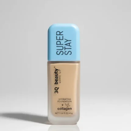 3Q Beauty Make Up Super Stay Hydrating Foundation plus Collagen. The foundation is in a rectangular, frosted glass bottle with a light blue rounded cap, set on a reflective white surface.