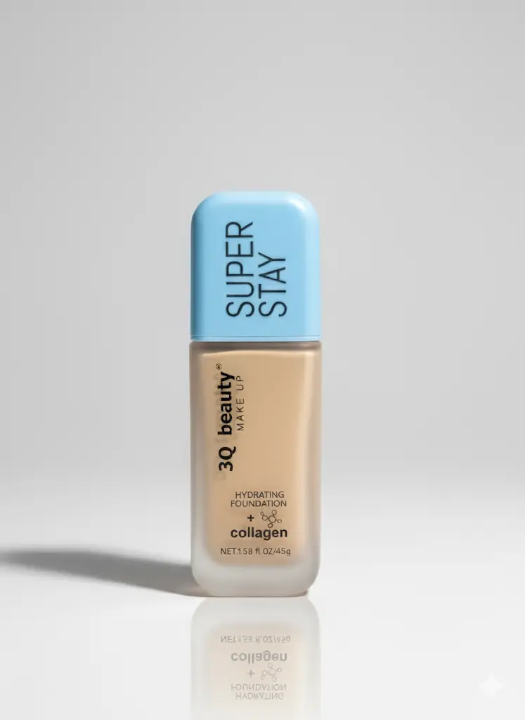 3Q Beauty Make Up Super Stay Hydrating Foundation plus Collagen. The foundation is in a rectangular, frosted glass bottle with a light blue rounded cap, set on a reflective white surface.