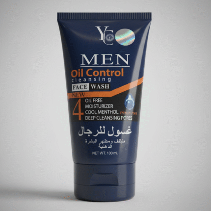A navy blue plastic squeeze tube of Y&C Men Oil Control Cleansing Face Wash. The tube stands on a white surface against a neutral gray background. The packaging features orange and light blue accents, with text that reads "MEN oil Control" and lists key features such as "OIL FREE," "COOL MENTHOL," and "DEEP CLEANSING PORES." The product is also labeled in Arabic and specifies the net weight as "100 ml