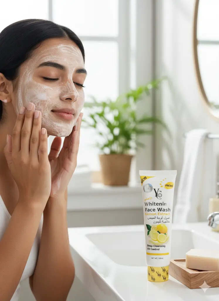Woman cleansing her face with YC Whitening Face Wash Lemon Extract in a bright bathroom, rubbing the white foamy product onto her cheeks.