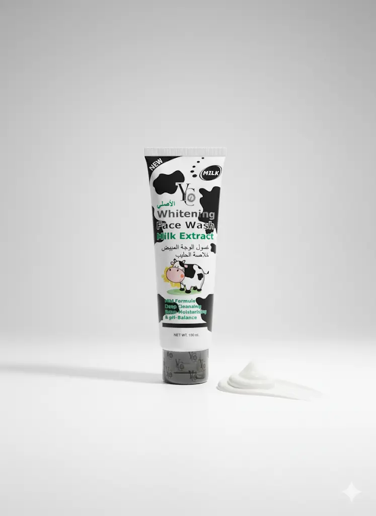 A white and black plastic squeeze tube of "Whitening Face Wash Milk Extract" is shown standing upright on a white surface. A small dollop of the white face wash is squeezed out and placed next to the tube. The packaging features a cartoon cow face with green eyes and a black and white cow print pattern. The text on the tube is in both English and Arabic. The product is labeled "NEW," "Milk," and "Y&G." It is also described as "Deep Cleaning, Moisturizing & pH-Balance" and "NET WT. 190 ml.