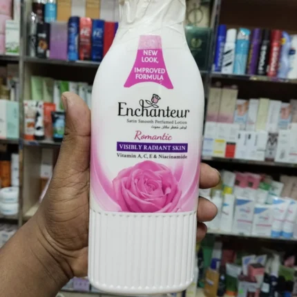 Enchanteur Romantic Satin Smooth Perfumed Lotion bottle with vitamin-enriched formula and rose fragrance