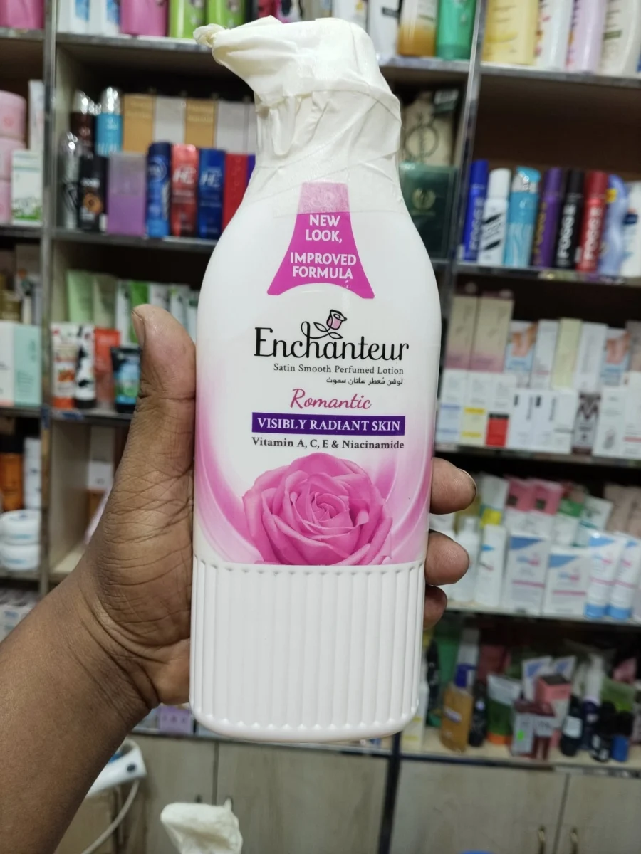 Enchanteur Romantic Satin Smooth Perfumed Lotion bottle with vitamin-enriched formula and rose fragrance