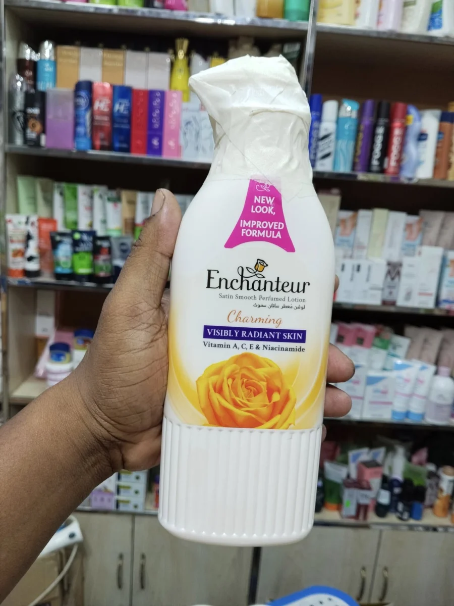 Enchanteur Charming Satin Smooth Perfumed Lotion bottle with yellow rose fragrance and vitamin-enriched formula